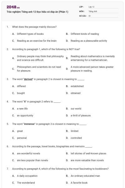 Trắc nghiệm Tiếng anh 12 Đọc hiểu có đáp án (Phần 1)