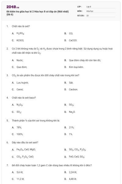 Đề kiểm tra giữa học kì 2 Hóa học 8 có đáp án (Mới nhất) (Đề 6)