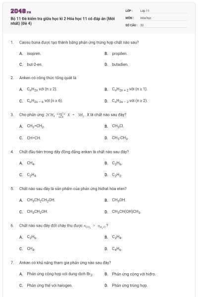 Bộ 11 Đề kiểm tra giữa học kì 2 Hóa học 11 có đáp án (Mới nhất) (Đề 4)