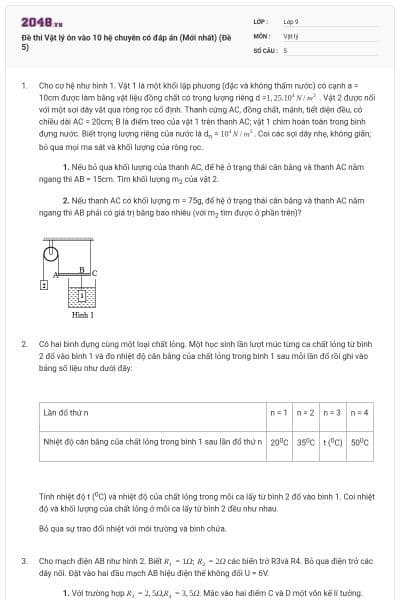 Đề thi Vật lý ôn vào 10 hệ chuyên có đáp án (Mới nhất) (Đề 5)