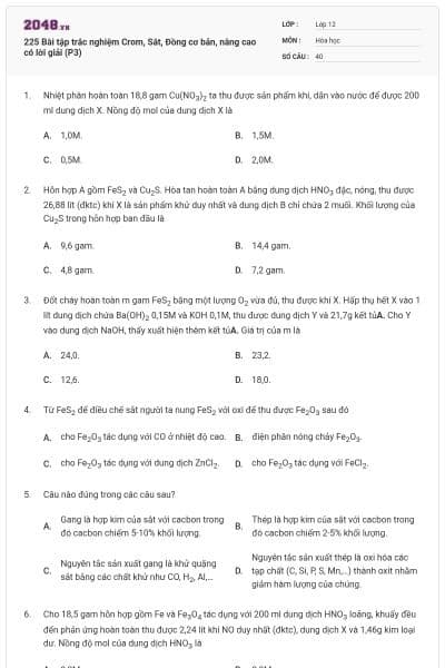 225 Bài tập trắc nghiệm Crom, Sắt, Đồng cơ bản, nâng cao có lời giải (P3)