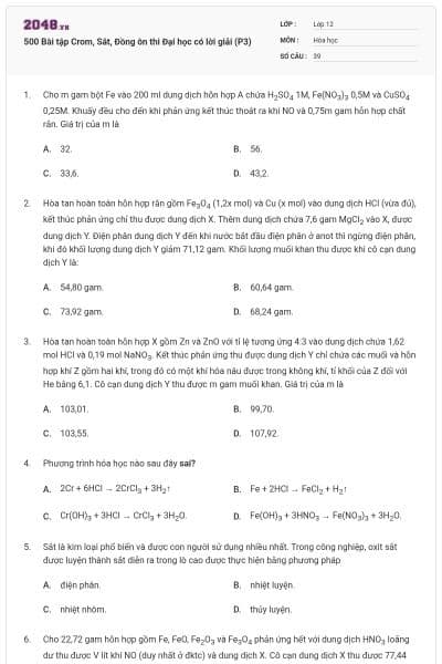500 Bài tập Crom, Sắt, Đồng ôn thi Đại học có lời giải (P3)