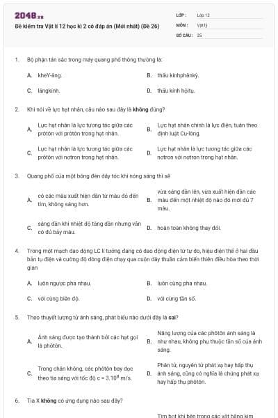 Đề kiểm tra Vật lí 12 học kì 2 có đáp án (Mới nhất) (Đề 26)