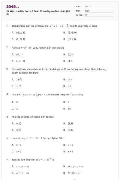 Đề kiểm tra Giữa học kì 2 Toán 12 có đáp án (Mới nhất) (Đề 5)