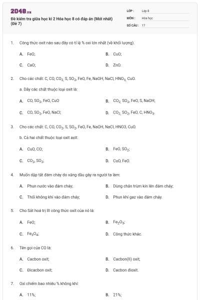 Đề kiểm tra giữa học kì 2 Hóa học 8 có đáp án (Mới nhất) (Đề 7)