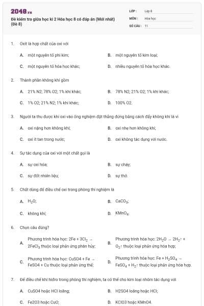Đề kiểm tra giữa học kì 2 Hóa học 8 có đáp án (Mới nhất) (Đề 8)
