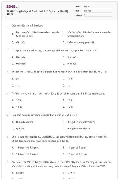 Đề kiểm tra giữa học kì 2 môn Hoá 9 có đáp án (Mới nhất) (Đề 8)