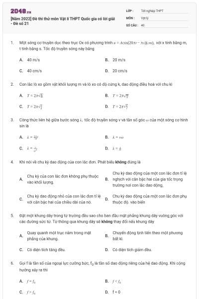 [Năm 2022] Đề thi thử môn Vật lí THPT Quốc gia có lời giải - Đề số 21