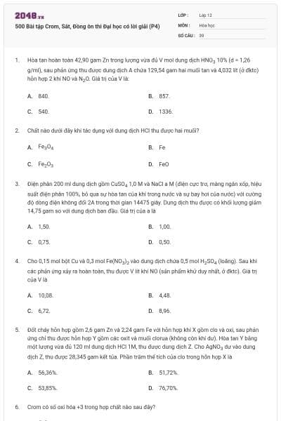 500 Bài tập Crom, Sắt, Đồng ôn thi Đại học có lời giải (P4)