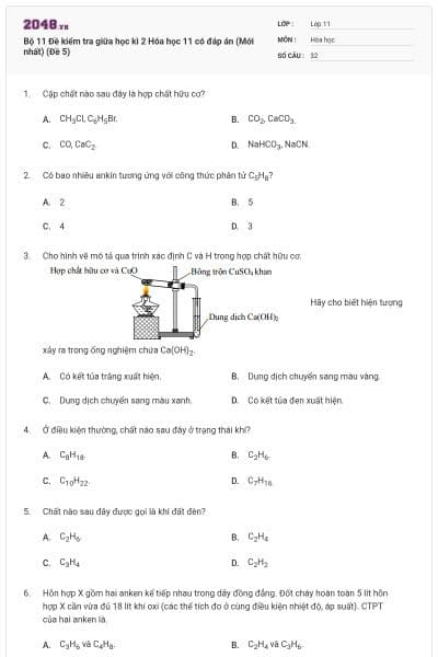 Bộ 11 Đề kiểm tra giữa học kì 2 Hóa học 11 có đáp án (Mới nhất) (Đề 5)