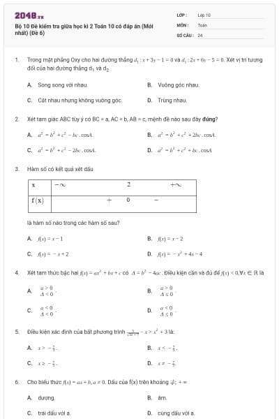 Bộ 10 Đề kiểm tra giữa học kì 2 Toán 10 có đáp án (Mới nhất) (Đề 6)
