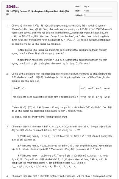 Đề thi Vật lý ôn vào 10 hệ chuyên có đáp án (Mới nhất) (Đề 8)