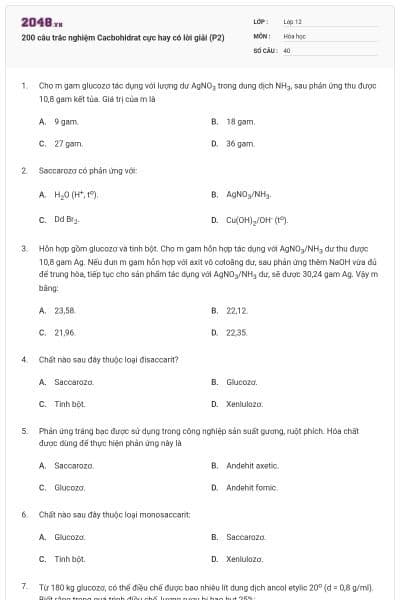 200 câu trắc nghiệm Cacbohidrat cực hay có lời giải (P2)