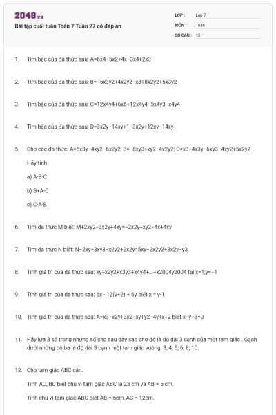 Bài tập cuối tuần Toán 7 Tuần 27 có đáp án