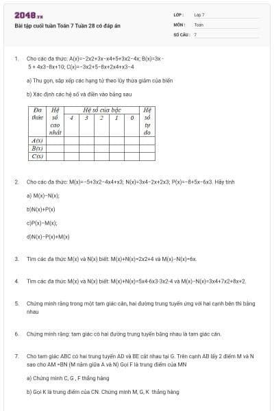 Bài tập cuối tuần Toán 7 Tuần 28 có đáp án