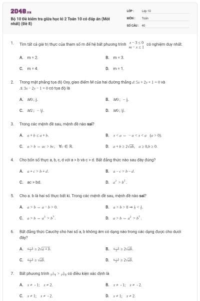 Bộ 10  Đề kiểm tra giữa học kì 2 Toán 10 có đáp án (Mới nhất) (Đề 8)