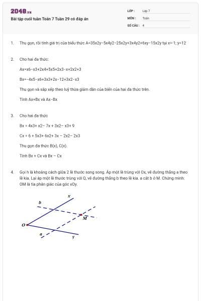 Bài tập cuối tuần Toán 7 Tuần 29 có đáp án