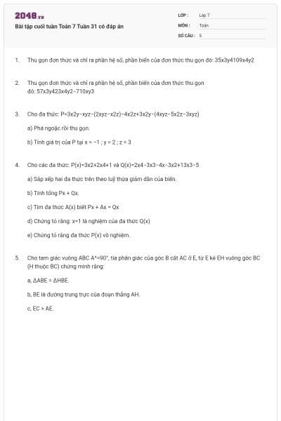 Bài tập cuối tuần Toán 7 Tuần 31 có đáp án