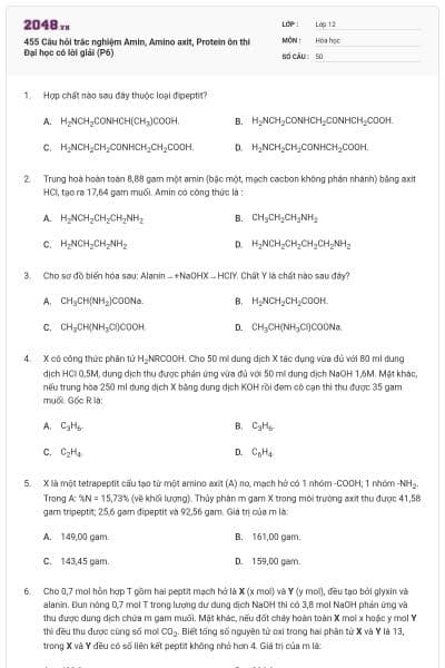 455 Câu hỏi trắc nghiệm Amin, Amino axit, Protein ôn thi Đại học có lời giải (P6)