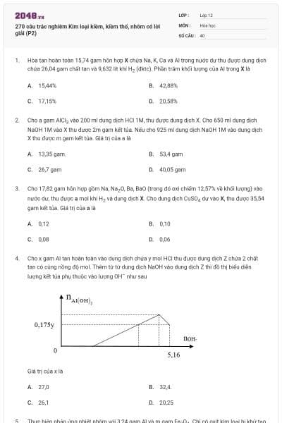 270 câu trắc nghiêm Kim loại kiềm, kiềm thổ, nhôm có lời giải (P2)
