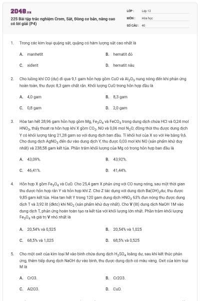 225 Bài tập trắc nghiệm Crom, Sắt, Đồng cơ bản, nâng cao có lời giải (P4)