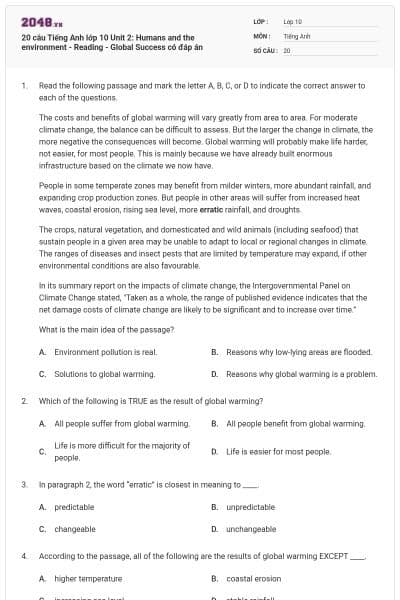 20 câu Tiếng Anh lớp 10 Unit 2: Humans and the environment - Reading - Global Success có đáp án