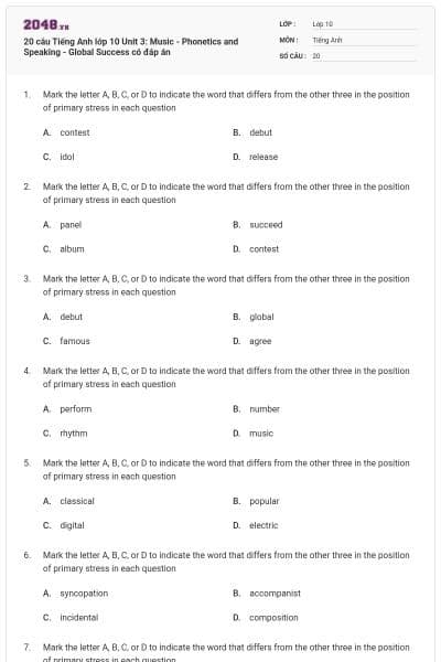 20 câu Tiếng Anh lớp 10 Unit 3: Music - Phonetics and Speaking - Global Success có đáp án