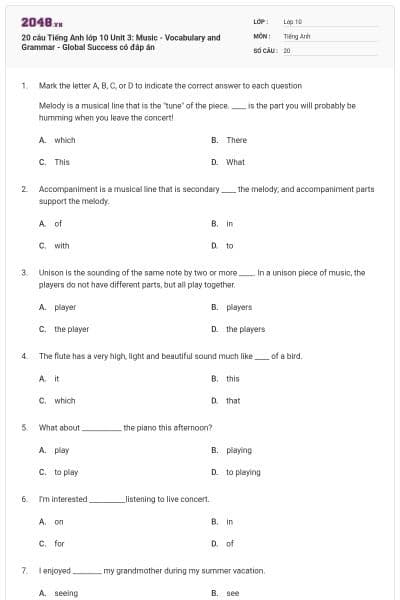 20 câu Tiếng Anh lớp 10 Unit 3: Music - Vocabulary and Grammar - Global Success có đáp án