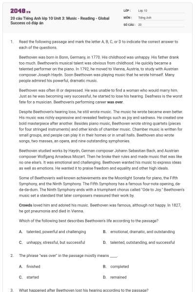 20 câu Tiếng Anh lớp 10 Unit 3: Music - Reading - Global Success có đáp án