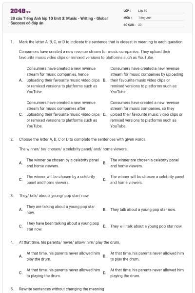 20 câu Tiếng Anh lớp 10 Unit 3: Music - Writing - Global Success có đáp án