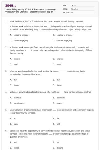 20 câu Tiếng Anh lớp 10 Unit 4: For a better community - Vocabulary and Grammar - Global Success có đáp án