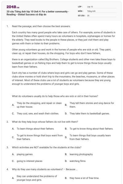 20 câu Tiếng Anh lớp 10 Unit 4: For a better community - Reading - Global Success có đáp án