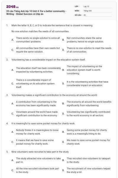 20 câu Tiếng Anh lớp 10 Unit 4: For a better community - Writing - Global Success có đáp án