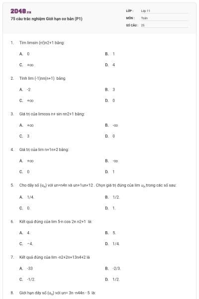 75 câu trắc nghiệm Giới hạn cơ bản (P1)
