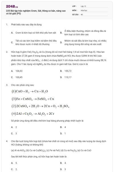 225 Bài tập trắc nghiệm Crom, Sắt, Đồng cơ bản, nâng cao có lời giải (P5)