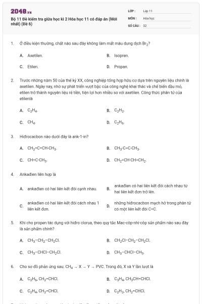 Bộ 11 Đề kiểm tra giữa học kì 2 Hóa học 11 có đáp án (Mới nhất) (Đề 6)