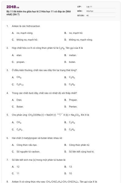 Bộ 11 Đề kiểm tra giữa học kì 2 Hóa học 11 có đáp án (Mới nhất) (Đề 7)