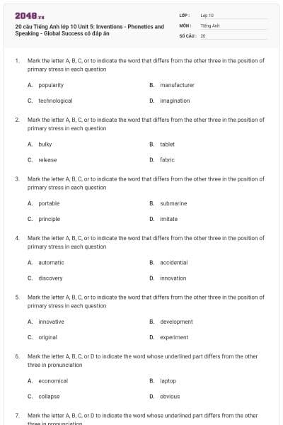 20 câu Tiếng Anh lớp 10 Unit 5: Inventions - Phonetics and Speaking - Global Success có đáp án