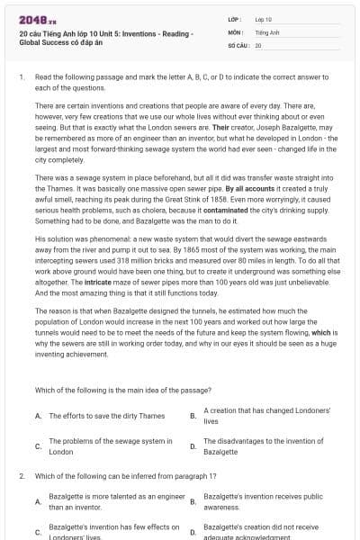20 câu Tiếng Anh lớp 10 Unit 5: Inventions - Reading - Global Success có đáp án