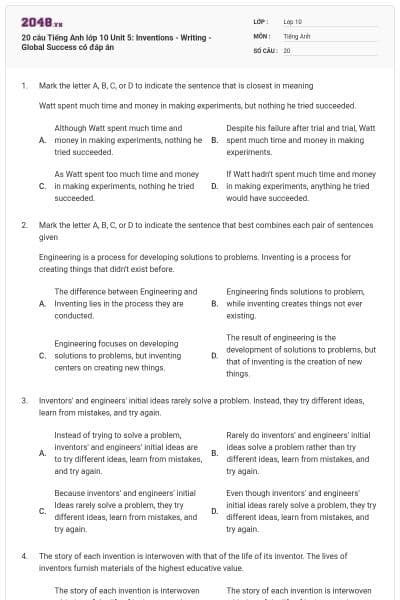 20 câu Tiếng Anh lớp 10 Unit 5: Inventions - Writing - Global Success có đáp án