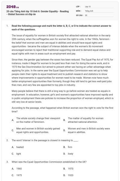 20 câu Tiếng Anh lớp 10 Unit 6: Gender Equality - Reading - Global Success có đáp án