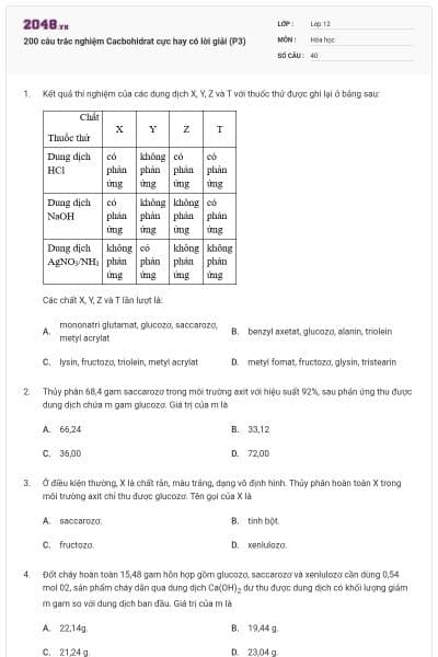 200 câu trắc nghiệm Cacbohidrat cực hay có lời giải (P3)