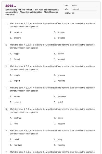 20 câu Tiếng Anh lớp 10 Unit 7: Viet Nam and international organisations - Phonetics and Speaking - Global Success có đáp án
