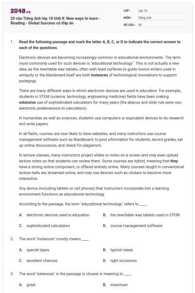 20 câu Tiếng Anh lớp 10 Unit 8: New ways to learn - Reading - Global Success có đáp án