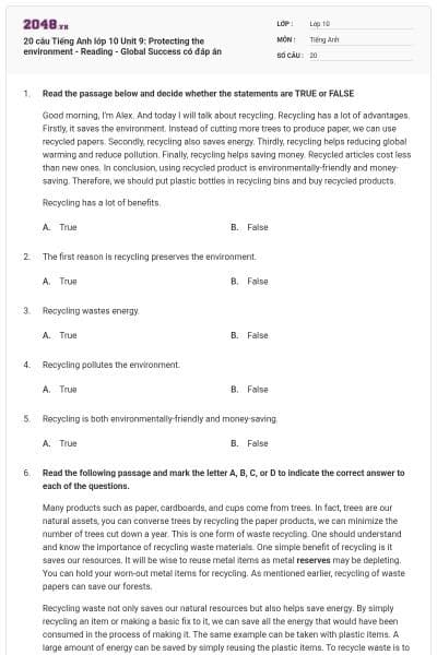 20 câu Tiếng Anh lớp 10 Unit 9: Protecting the environment - Reading - Global Success có đáp án