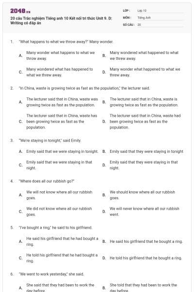 20 câu  Trắc nghiệm Tiếng anh 10 Kết nối tri thức Unit 9. D: Writing có đáp án