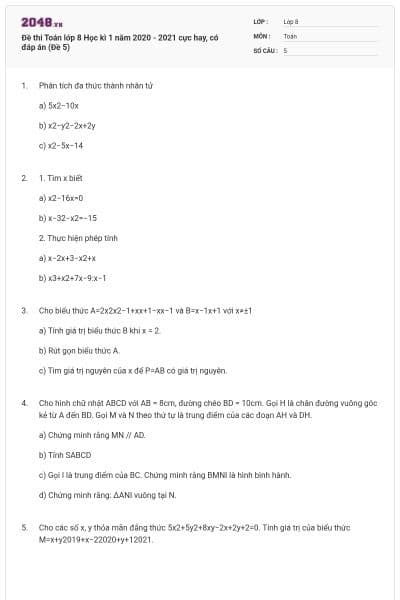 Đề thi Toán lớp 8 Học kì 1 năm 2020 - 2021 cực hay, có đáp án (Đề 5)