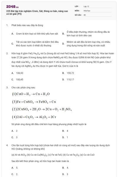 225 Bài tập trắc nghiệm Crom, Sắt, Đồng cơ bản, nâng cao có lời giải (P5)