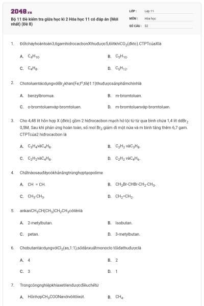 Bộ 11 Đề kiểm tra giữa học kì 2 Hóa học 11 có đáp án (Mới nhất) (Đề 8)