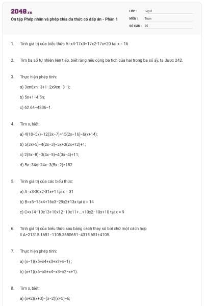 Ôn tập Phép nhân và phép chia đa thức có đáp án - Phần 1